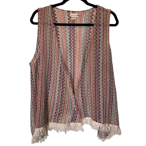 BELLE DU JOUR women plus sz 2X crochet knit vest open front fringe boho hippie - Picture 1 of 8